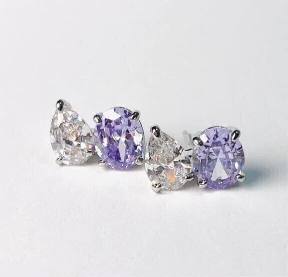 Brinco Duplo Pedra Ametista Lavanda e Gota Cristal SHEFA semijoias