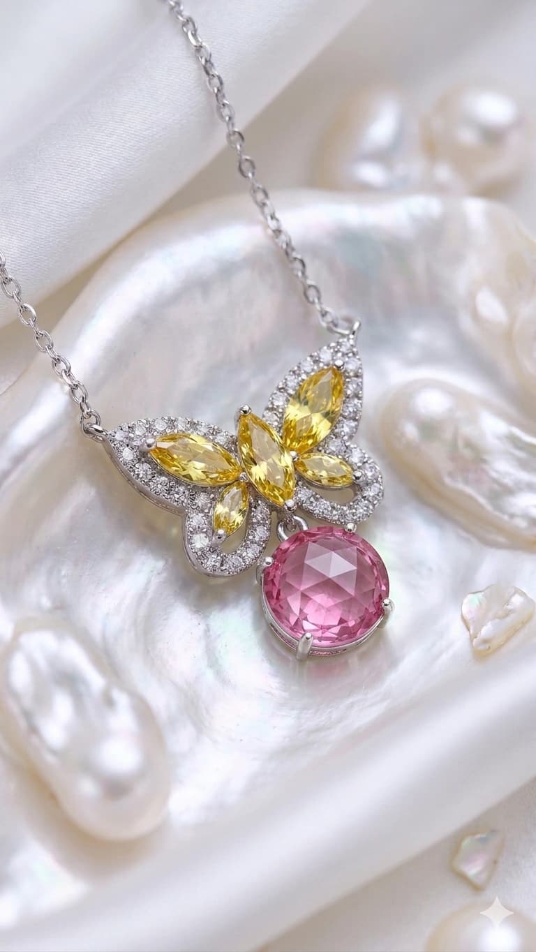 Colar Borboleta Cravejado Yellow e Rosa Lapidação Rose Cut SHEFA semijoias