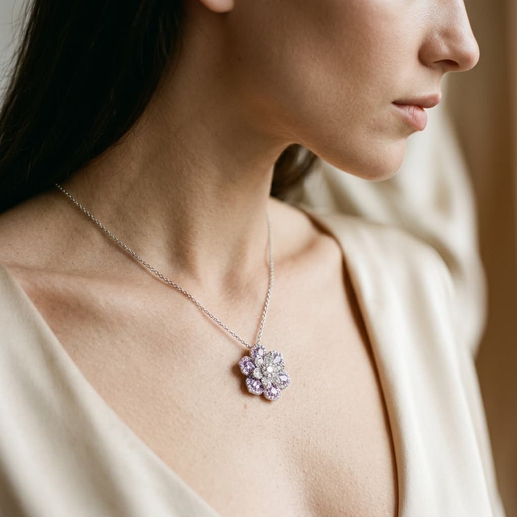 Colar floral com zirconias em lavanda e cristal